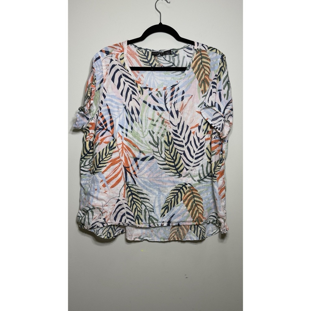 Tahari  multicolor Tropical Leaf Print Short Sleeve 100% Linen Blouse Woman's 1X